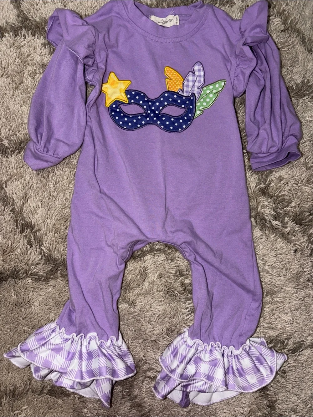 Mardi Gras Ruffle One-Piece Romper with Mask Appliqué